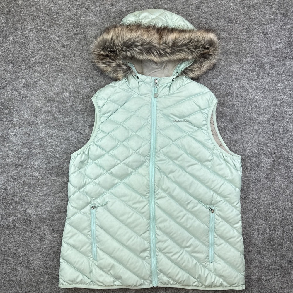 Eddie‎ Bauer down puffer vest women's XL aqua pockets fur hood outdoor active